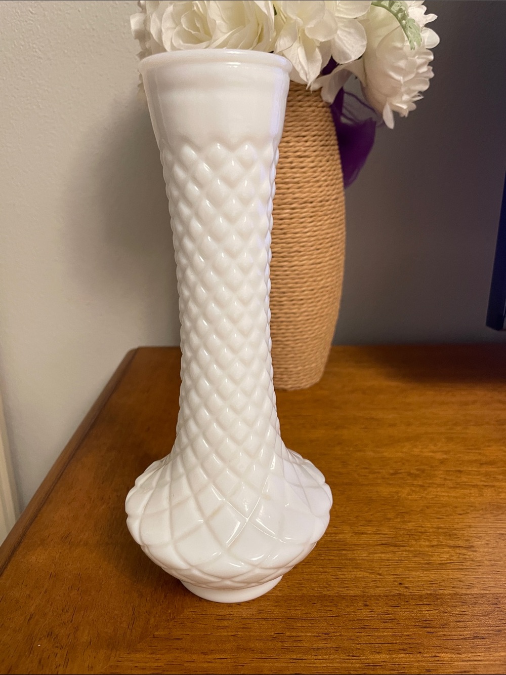 Vintage White Milk Glass Bud or Flower Vase Classic Diamond Quilted Pattern 9”H